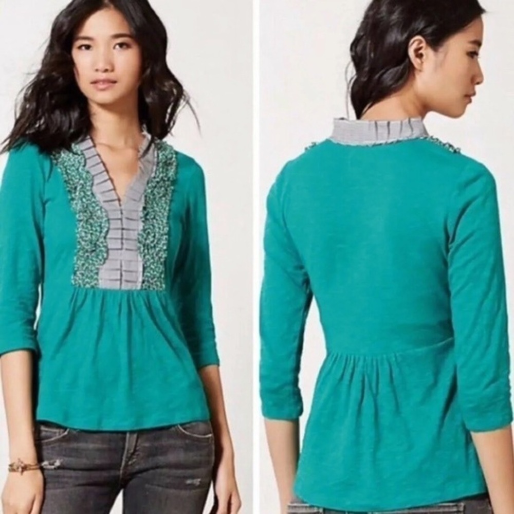 ⚫️ ANTHROPOLOGIE Deletta Ruffle Vneck 3/4 Sleeve Blouse Size xs PURPLE​​​​​​​
